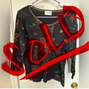 Cactus Bay Top Shirt Blouse Sz XL Made in USA Western Tribal Art To Wear Black